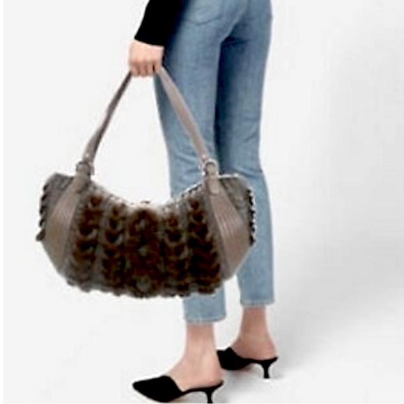 Salvatore Ferragamo Authentic Brown Mink. Grey Knit. Leather Trim Bag - Picture 12 of 14